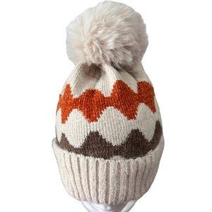 62. Beige Color Block Fleece Lined Pom Pom Beanie
